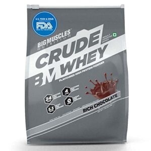 Bigmuscles Nutrition Crude Whey - 1 kg (Rich Chocolate) | US FDA REGD. BRAND | Whey Protein Concentrate 80%, 24g Protein, 5.5g BCAA, 4 g Glutamine