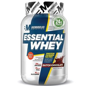 Bigmuscles Nutrition Essential Whey Protein 1Kg [Dutch Chocolate] | 24g Protein/serving with Digestive Enzymes,Vitamin & Minerals, No Added Sugar|Improved Strength , Faster Recovery & Muscle Building