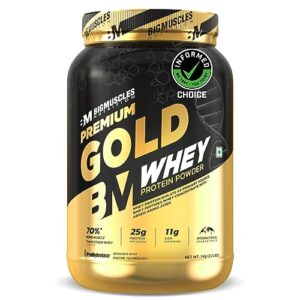 Bigmuscles Nutrition Premium Gold Whey [1Kg] | Informed Choice UK Certified | Isolate Whey Protein Blend | 25g Protein | 11g EAA | ProHydrolase Enzyme Technology [Belgian Chocolate]