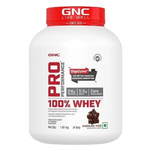 GNC Pro Performance 100% Whey Protein Powder | 4 lbs | Builds Lean Muscles | Speeds Up Muscle Recovery | DigeZyme® For Easy Digestion | 24g Protein | 5.5g BCAA | Chocolate Fudge