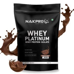 NAKPRO PLATINUM 100% Whey Protein Isolate | 28g Protein, 6.36g BCAA | Easy Mixing, Low Carbs, Easy Digesting Whey Protein Supplement Powder for Men, Women & Athletes (1 Kg, Chocolate)